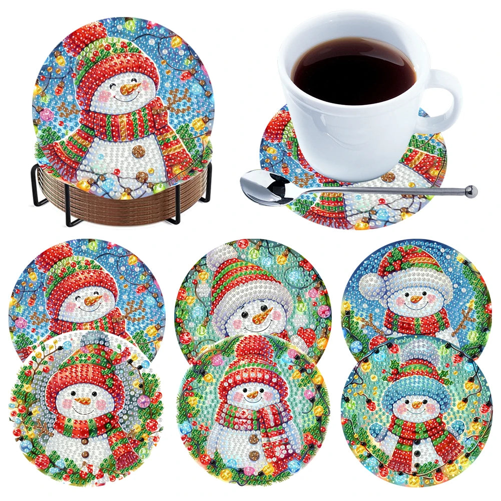 6Pcs Wooden Christmas Animals Diamond Painting Coasters DIY Coaster Diamond Dot Kits Round Diamond Art Coasters for Party Decor