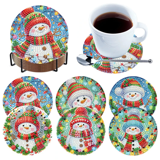 6Pcs Wooden Christmas Animals Diamond Painting Coasters DIY Coaster Diamond Dot Kits Round Diamond Art Coasters for Party Decor