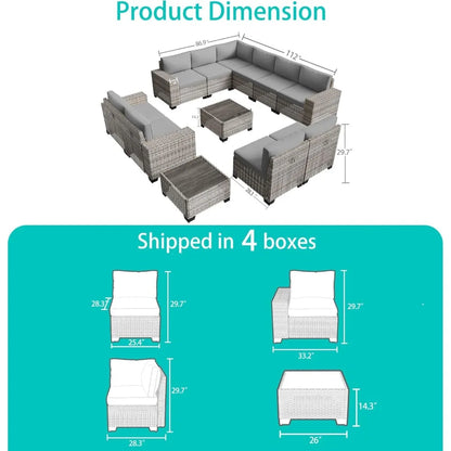 12-Piece Outdoor Patio Furniture Set Wicker Sectional Sofa Set, Patio Conversation Set with Thickened Cushions & Side Table