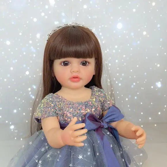 1PC realistic and beautiful reborn doll girl, 22-inch cute baby full-body soft band wig blue set gift box suitable for children,