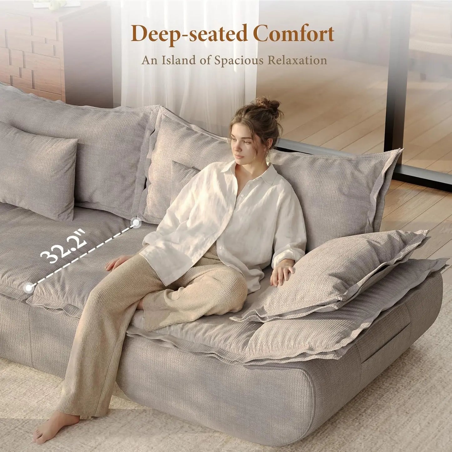 Modern 3-Seater Cloud Couch with Deep Seat, Comfy Chenille Upholstery, Curved Armrests, No Assembly Required, Light Grey