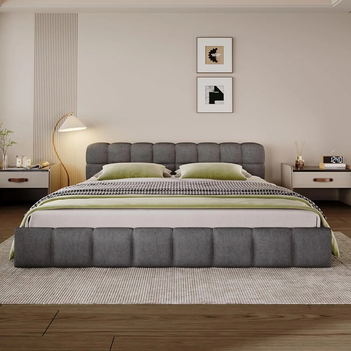 Queen Size Platform Bed, Boucle Thick Headboard and Footboard, Upholstery Grounded Beds, Block Style Grounded Beds Frame