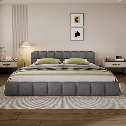 Queen Size Platform Bed, Boucle Thick Headboard and Footboard, Upholstery Grounded Beds, Block Style Grounded Beds Frame