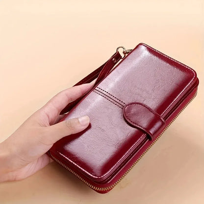 Women's Vintage Oil Wax PU Leather Clutch Wallet Female Large Capacity Phone Purse Ladies Wristband Simple Card Holder Pouch Bag