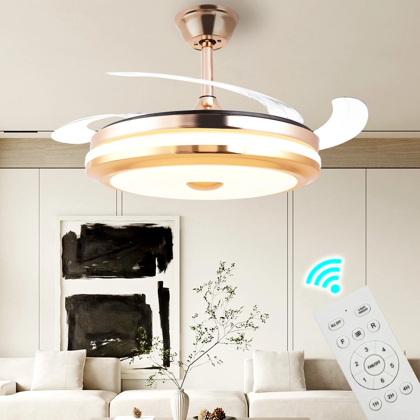 42 Inches Bladeless Ceiling Fans with LED Light, Modern Ceiling Fan, Stepless Color Changing, Dimmable, Timer Setting