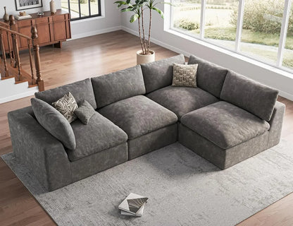 120" Cloud Sectional Couch | Oversize Boneless Couches for Living Room | 4 Seater Modern L-Shape Sofa | Drak Grey, Customized