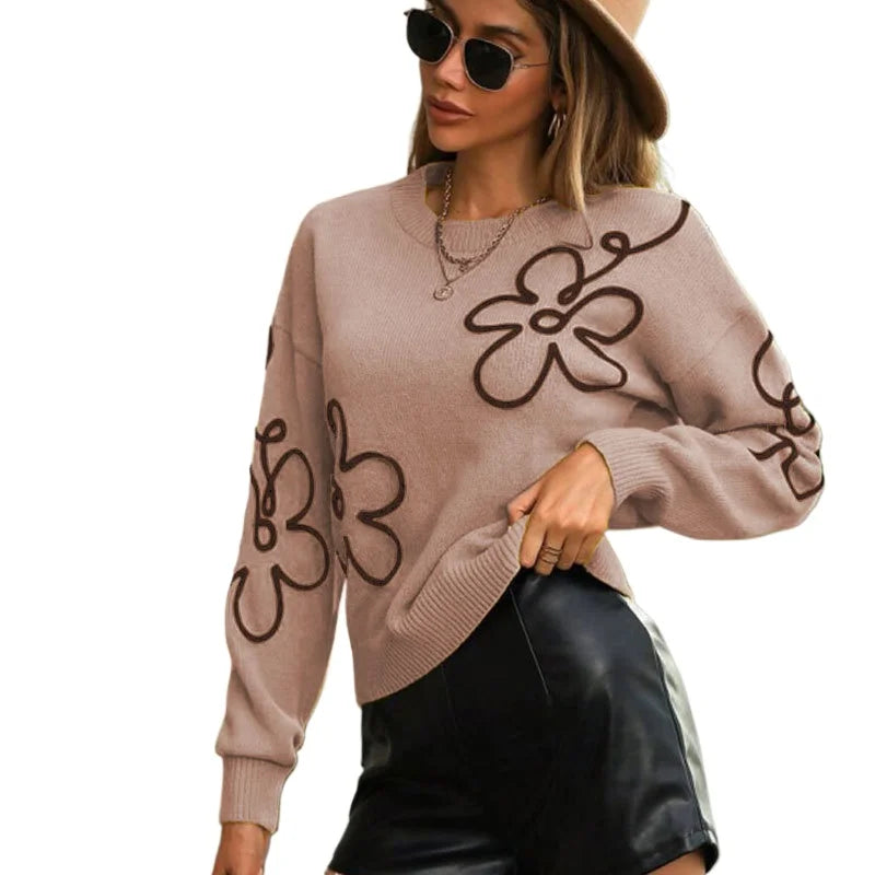 Autumn and Winter New Fashion Woman Sweater Floral 3D Embroidered Round Neck Pullover Long Sleeve Knit Top Women's Clothing