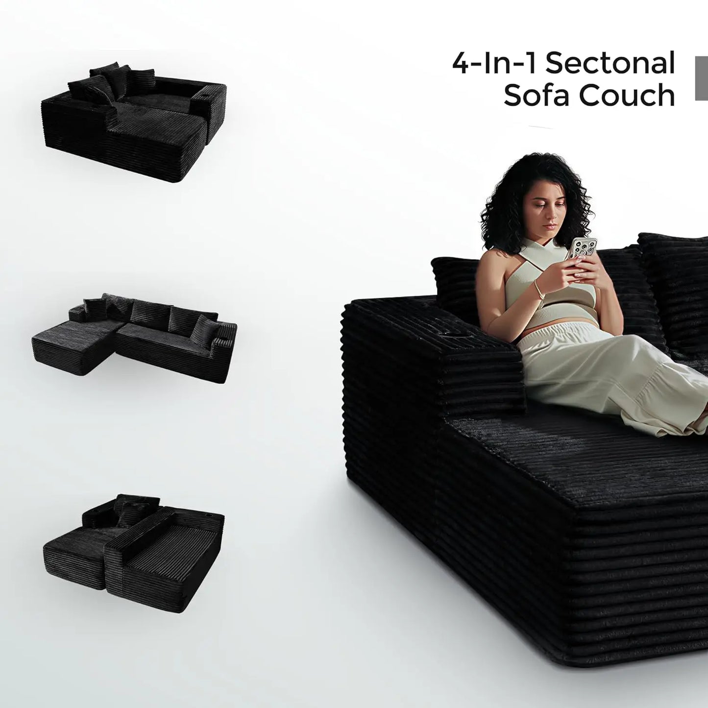 106" Cloud Couch Corduroy Modular Sectional Sofa L-Shape Boneless Couch with Wide Armrests and Cup Holders for, Customized