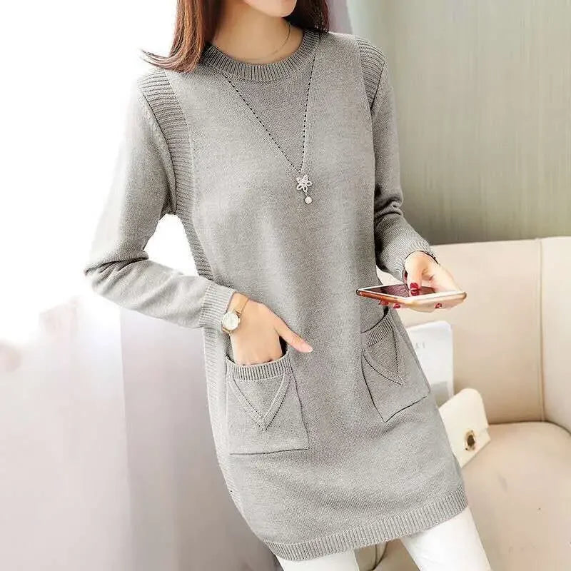 2024 New Style Korean Version Loose-Fit Medium-Length Knit Base Layer Top Women's Pullover Sweater Skirt Fleece-Lined Thickened