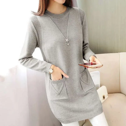 2024 New Style Korean Version Loose-Fit Medium-Length Knit Base Layer Top Women's Pullover Sweater Skirt Fleece-Lined Thickened