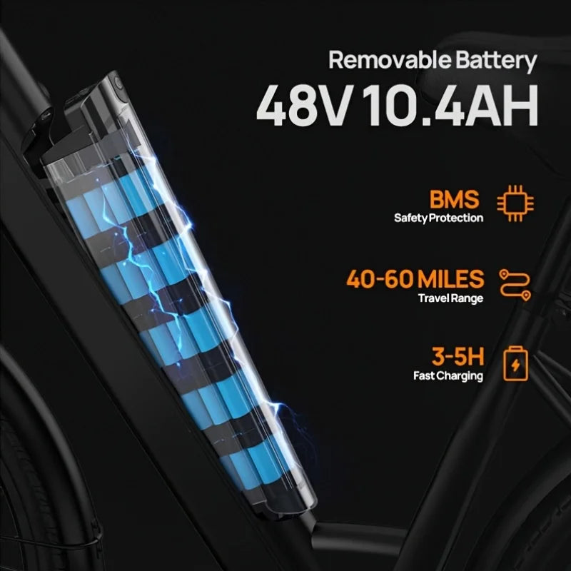 750W E-Bike Commuter 26x2" Tires 48V 10.4Ah Removable LCD Display 20MPH Speed 7-Speeds Hydraulic Disc Brakes for Adults