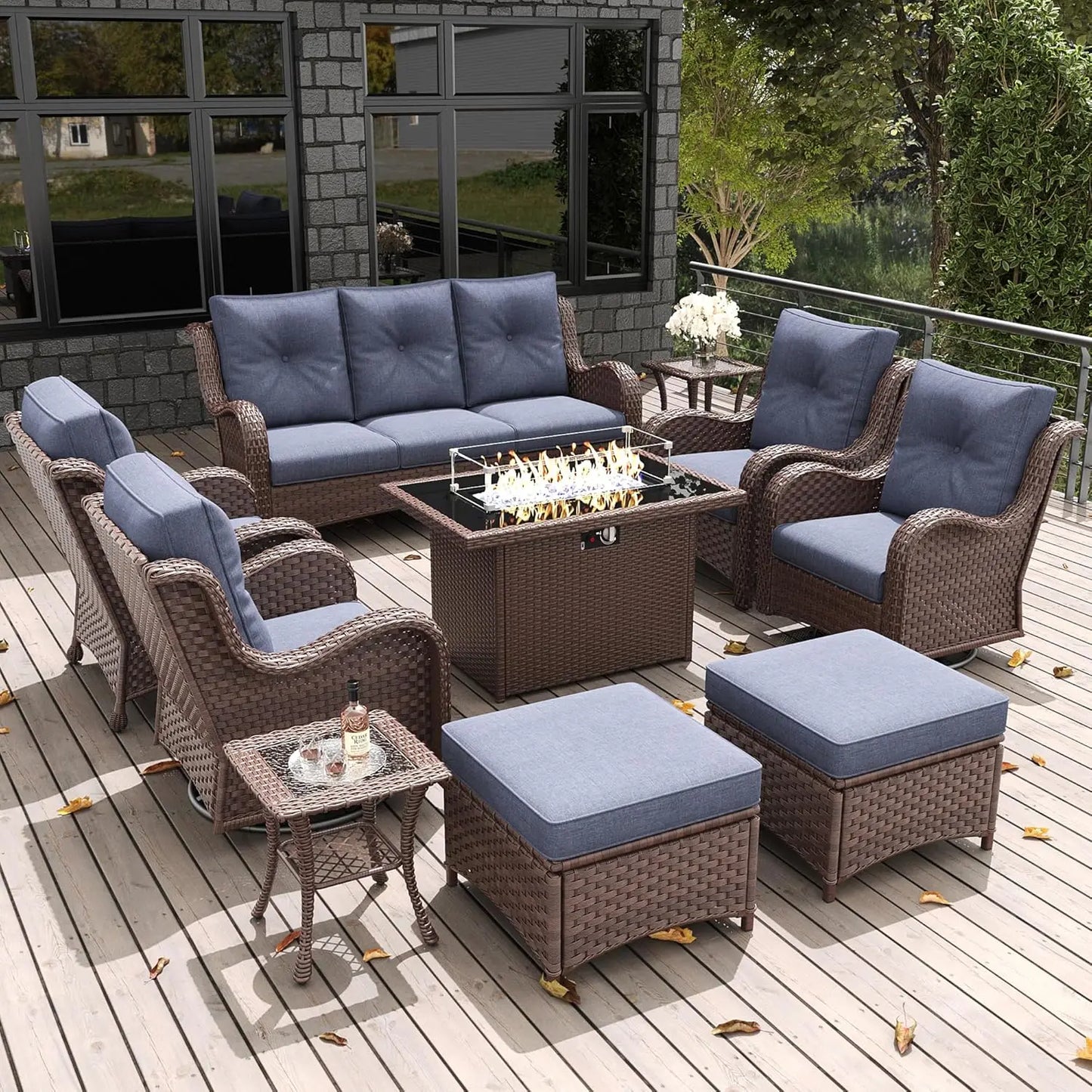 10 Pieces Outdoor Patio Furniture Set with Fire Pit Table, Rattan Wicker Sectional Swivel Rocker Chairs Sets with, Customized
