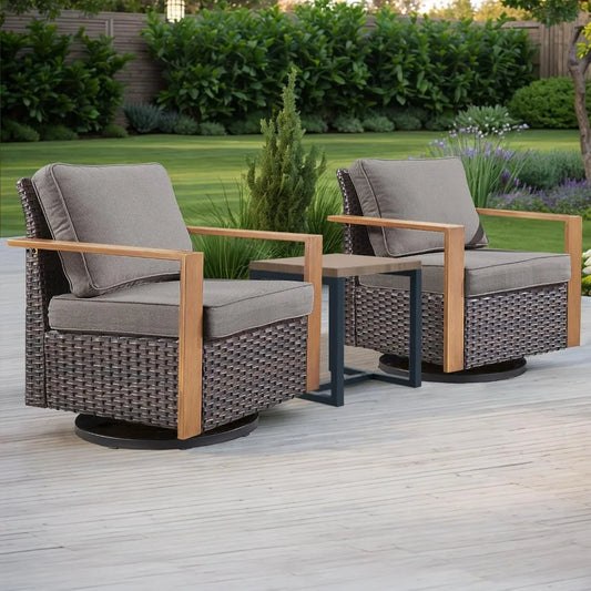 Outdoor Patio Swivel Rocker Chairs - 3 Piece Wicker Patio Furniture Bistro Set with 2 Swivel Rocking Chairs and 1 Metal Side Tab