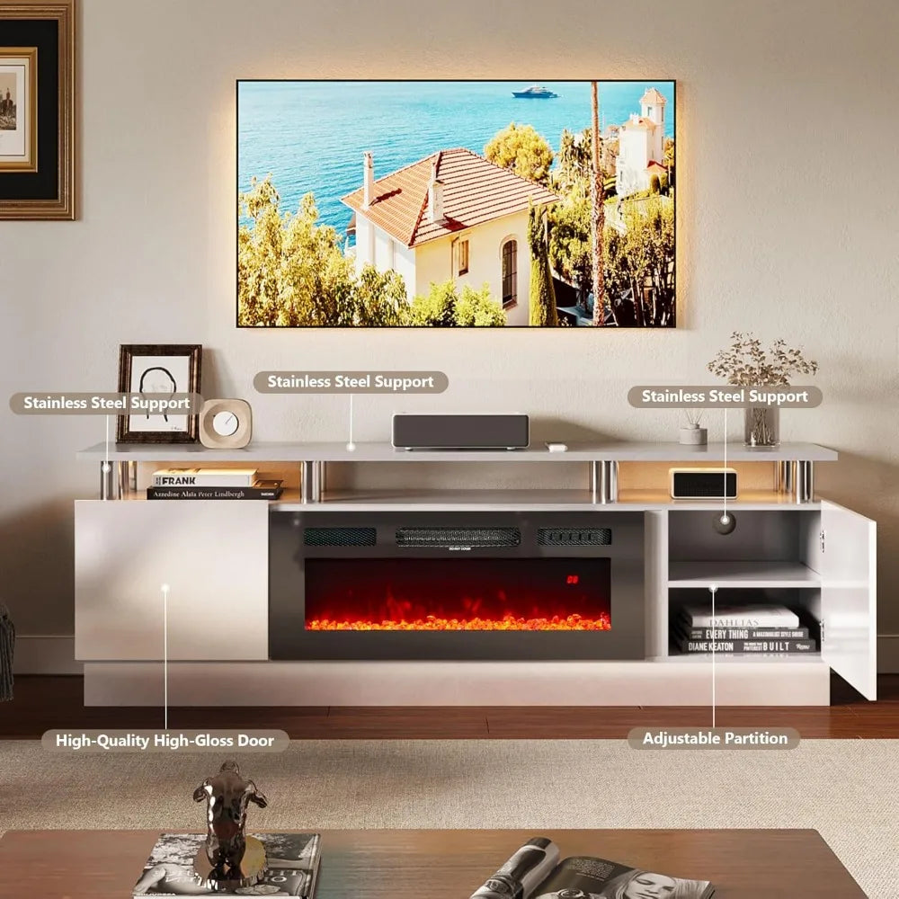 36" Electric Fireplace Integrated TV Stand - 70" 2-Tier Console for TVs up to 80", Ideal for Living Room Settings