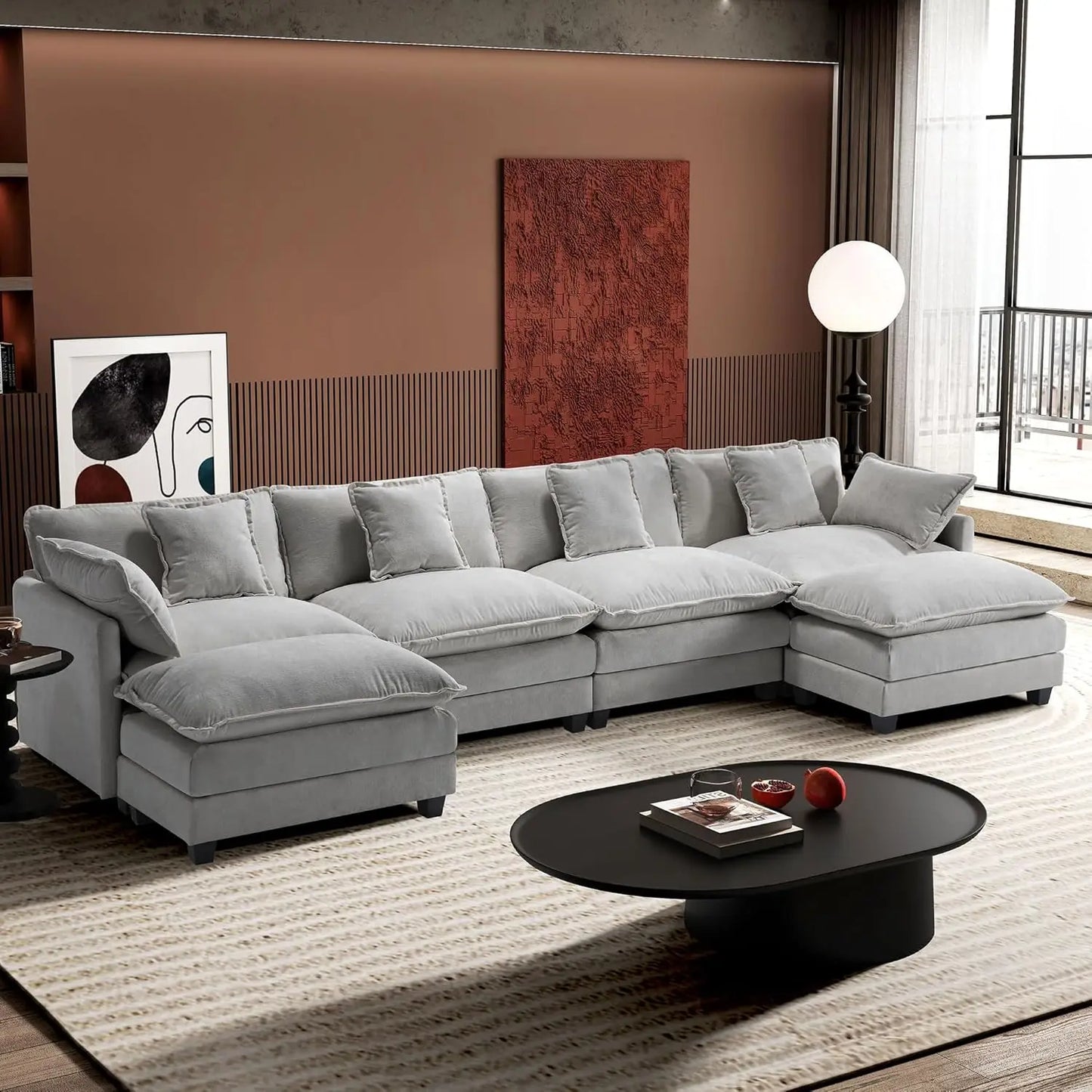146" U-Shaped Modern Sofa Modular Sectional Cloud Couch with 2 Ottoman, 6-Seat Chenille Deep Seat Sofa with 6, Customized