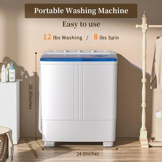 Portable Twin Tub Washing Machine with 20lbs Total Capacity: 12Lbs Washer and 8Lbs Spinner Dryer for Compact Laundry Solutions