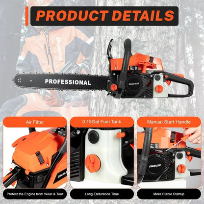 2 Stroke Gas Powered Chainsaw 58CC 20 Inches Gas Chainsaw Handheld Cordless Chain Saw for Tree Trimming Wood Cutting