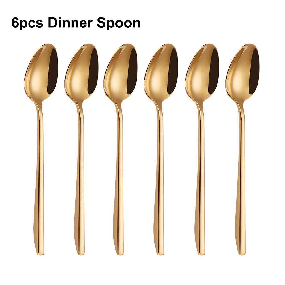 6Pcs Elegant Gold Flatware Set Stainless steel 304 Cutlery Mirror Silverware Rose Knife Fork High Polish Western Dinner Set