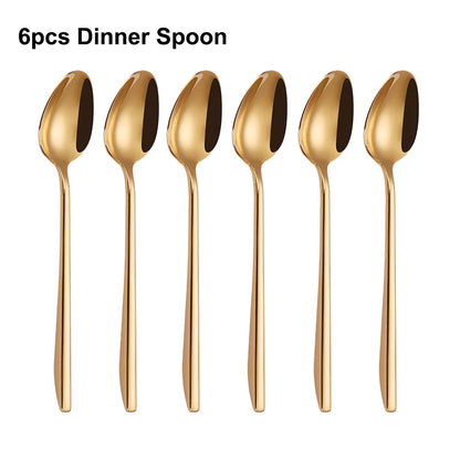 6Pcs Elegant Gold Flatware Set Stainless steel 304 Cutlery Mirror Silverware Rose Knife Fork High Polish Western Dinner Set