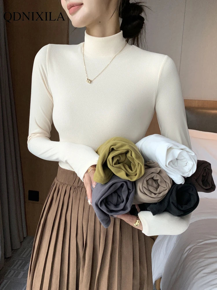 Women's Knitted Half-Turtleneck Pullover Sweater Elegant Korean Fashion Long-Sleeve Top Slim Fit Thermal Jumper Casual Knitwear