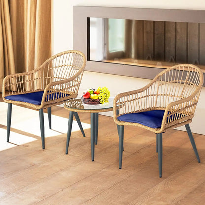3 Piece Outdoor Wicker Bistro Set, Patio Conversation Sets w/2 Large Rattan Chairs and Tempered Glass Table, Patio Furniture