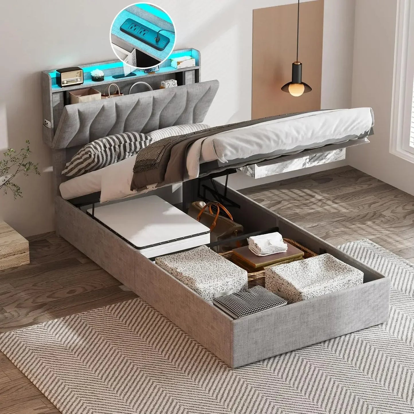 Queen Lift Up Storage Bed Frame, Height Adjustable Storage Headboard with Charging Station, LED Lights Upholstered Platform Bed