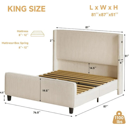 King Size Upholstered Bed Frame with USB Charging Ports - Tall Wingback Headboard & Footboard, Easy Assembly Design