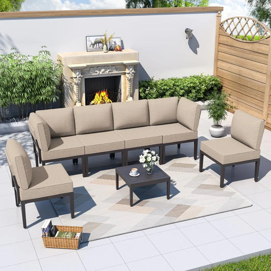 Modern Outdoor Metal Patio Furniture Set with Sectional Sofa and Cushioned Seating for Conversation Area