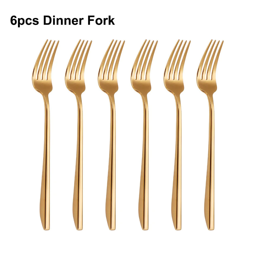 6Pcs Elegant Gold Flatware Set Stainless steel 304 Cutlery Mirror Silverware Rose Knife Fork High Polish Western Dinner Set