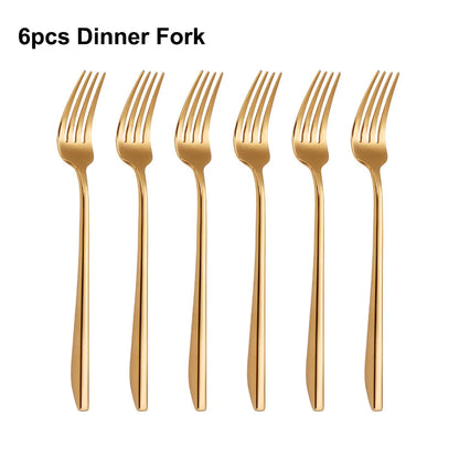 6Pcs Elegant Gold Flatware Set Stainless steel 304 Cutlery Mirror Silverware Rose Knife Fork High Polish Western Dinner Set