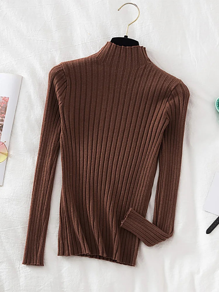 Croysier Pullover Ribbed Knitted Sweater Autumn Winter Clothes Women 2025 High Neck Long Sleeve Slim Basic Woman Sweaters Tops
