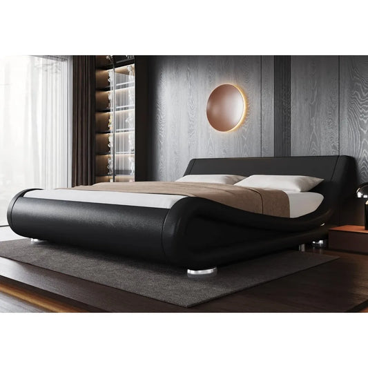 Allewie Queen Size Bed Frame with Ergonomic & Adjustable Headboard, Low Profile Modern Upholstered Platform Sleigh Design - Easy