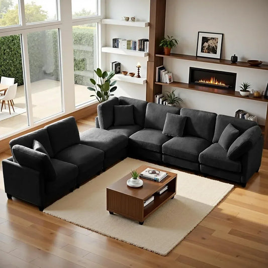121'' 7-Seater Chenille Cloud Couch with Movable Ottoman L/U-Shape Modern Upholstered Sectional Sofa for Living Room Customized