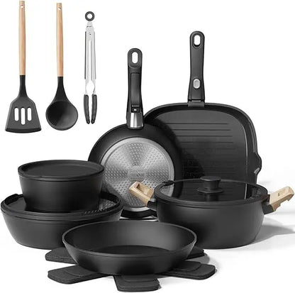 19 Pcs Pots and Pans Set Non Stick Ceramic Cookware Set with Removable Handles, Non Toxic Induction Kitchen Cookware Sets RV Coo