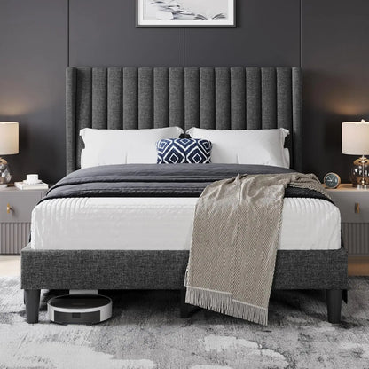 Queen Upholstered Platform Bed - Fabric Headboard with Wing Edge Design | Wooden Slats Support, Non-Slip & Noise-Free