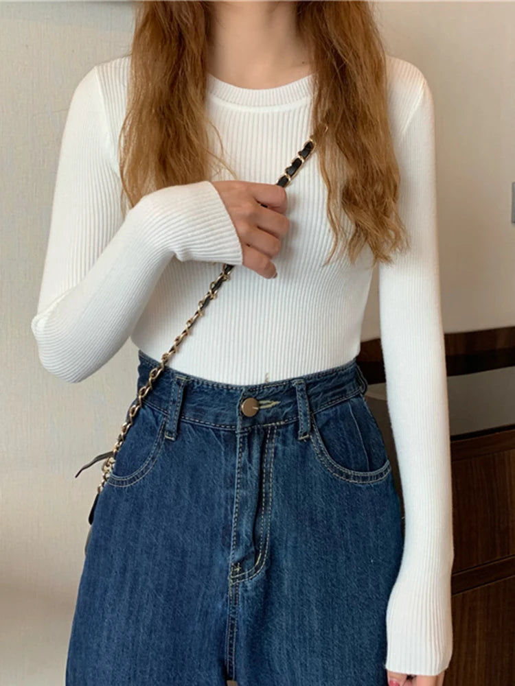 2025 New Women Sweater Autumn Winter Long Sleeve Pullover Basic Top Fashion O-neck Elastic Female Winter Solid Knitted Jumper