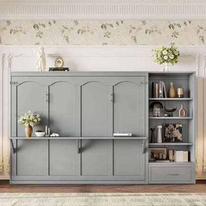 Queen Size Murphy Bed, Solid Pine Queen Murphy Bed Frame Chest Cube Cabinet with Charging Station and Large Storage Drawer for H