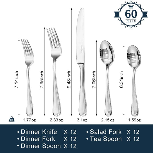 60-Piece Stainless Steel Silverware Set for 12, High-Quality Flatware with Modern Design and Heavy Duty Construction