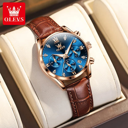 OLEVS Women's Watches Luxury Waterproof Luminous Quartz Watch Multifunctional Leather Strap Original Certified Brand Wristwatch