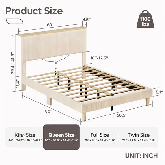 Bestier Queen Corduroy Upholstered Bed Frame with Adjustable Vertical Channel Headboard, LED Platform Bed with Storage Shelf, So