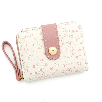 Japanese Cute Cat Girls Wallet Short Student ID Bank Card Holder Money Bag Zipper Wallets For Women Key Storage Purse Coin Purse