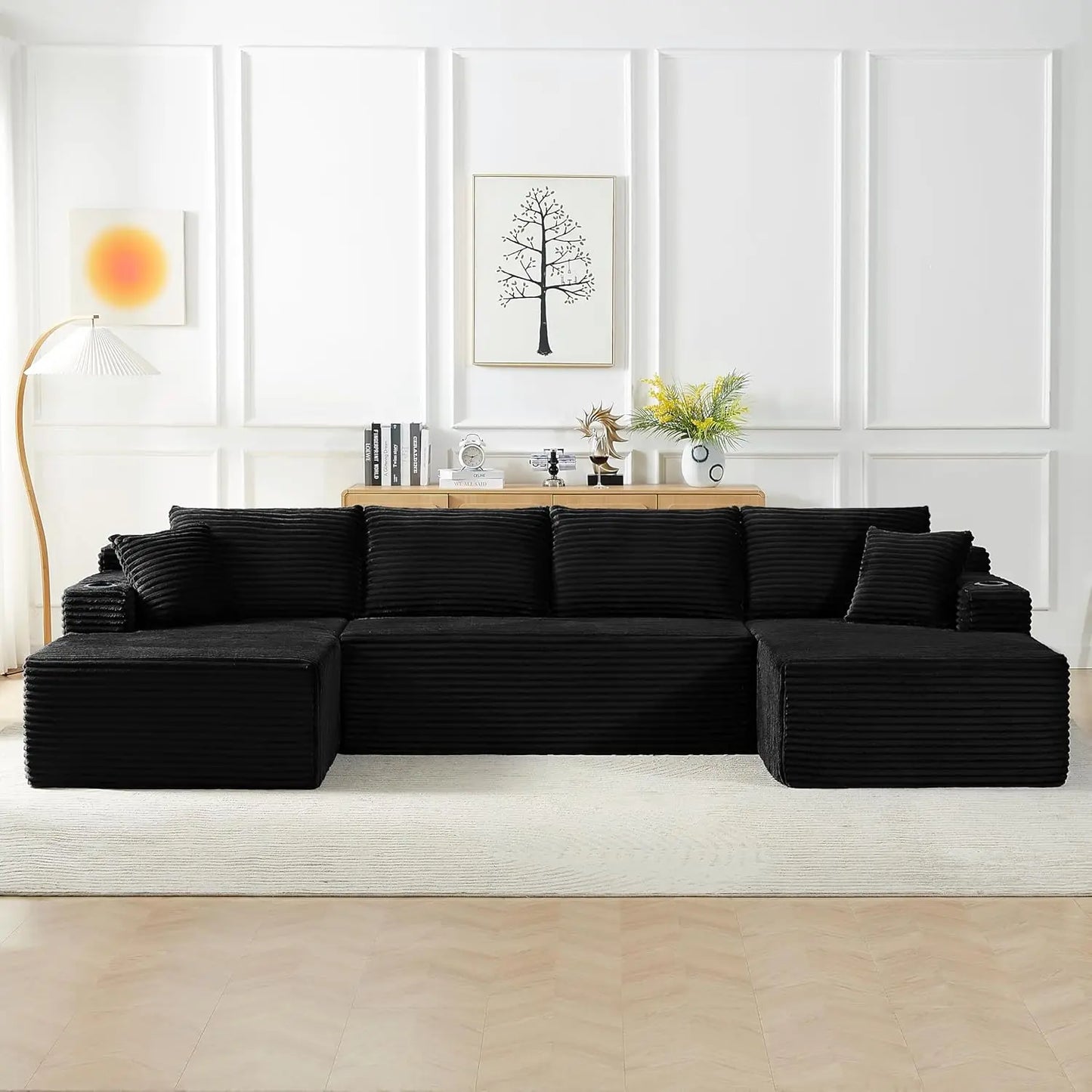 133" Oversized Modular Sectional Cloud Couch With Cup Holders, U Shaped Comfy Boneless Memory Foam Couches For Living Room, Plus