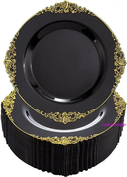 100PCS Black and Gold Plastic Plates - 10.25Inch Black Disposable Plates - Black Plastic Dinner Plates for Wedding & Parties