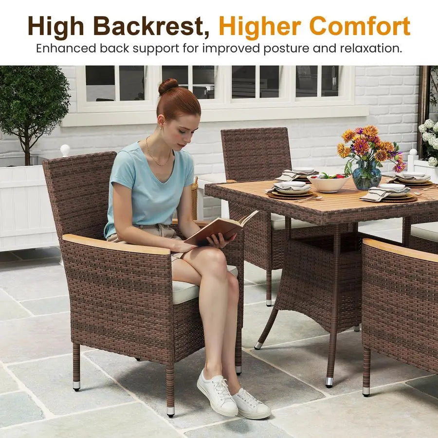 10Pieces Outdoor Patio Table and Chairs, Rattan Patio Table Set with Acacia Wood Tabletop, Patio Dining Furniture Set for 8 wit