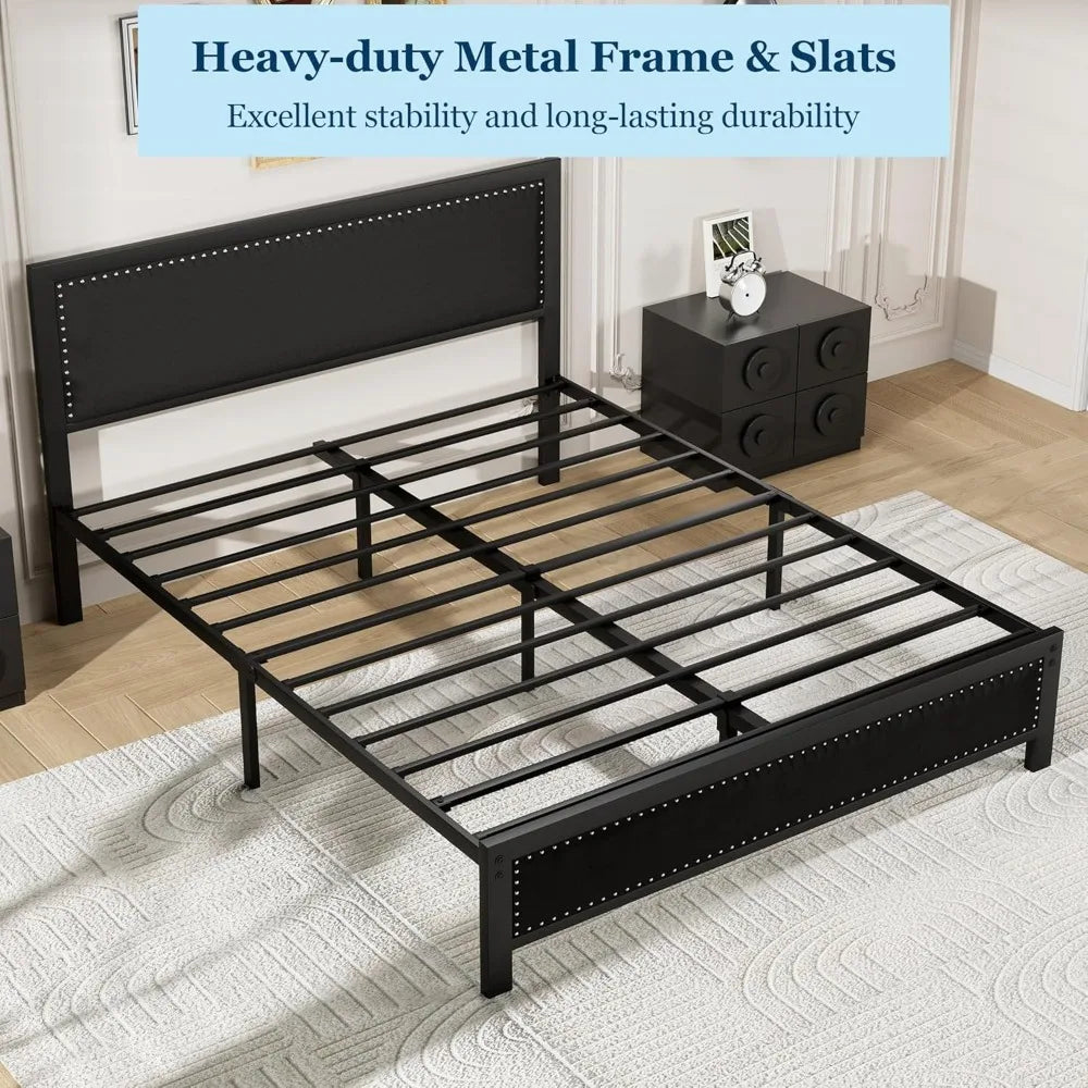 Queen Size Bed Frame with Upholstered Headboard, Heavy-Duty Platform w/Strong Metal Slats, No Box Spring Needed, Easy Assembly