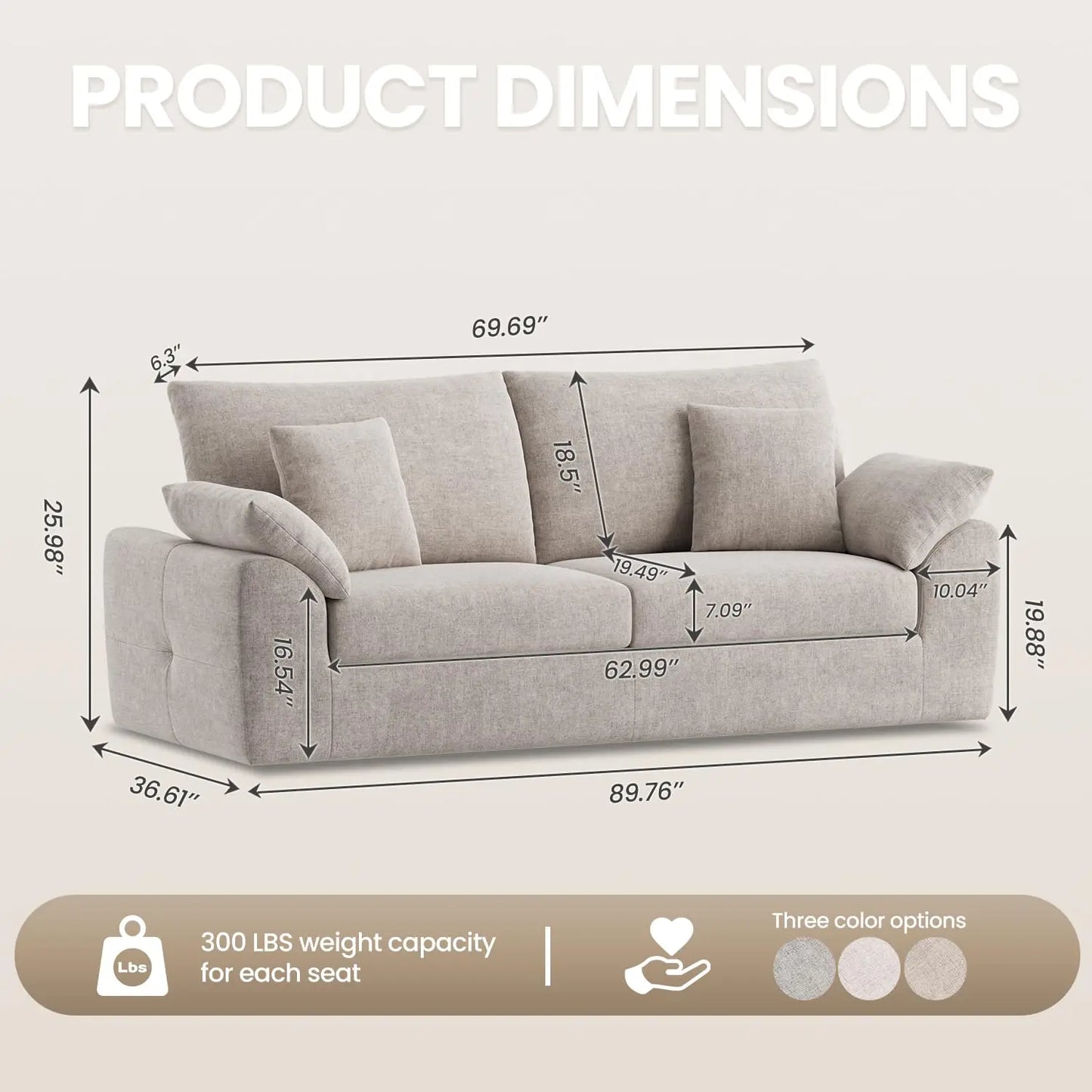 89.8" Modern Loveseat Sofa for Living Room, Cloud Boneless Couches with 4 Pillows, Mid Century Loveseat couches for, Customized