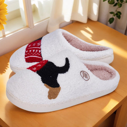 Xmas Dachshund Plush Slippers Flat Thermal Slippers Comfortable Fluffy Home Slippers Anti Slip Soft Furry Slipper for Men Women