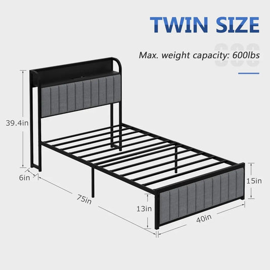 Twin Size Bed Frame with Upholstered Headboard, Heavy-Duty Steel Slats, Easy Assembly in Grey & Black