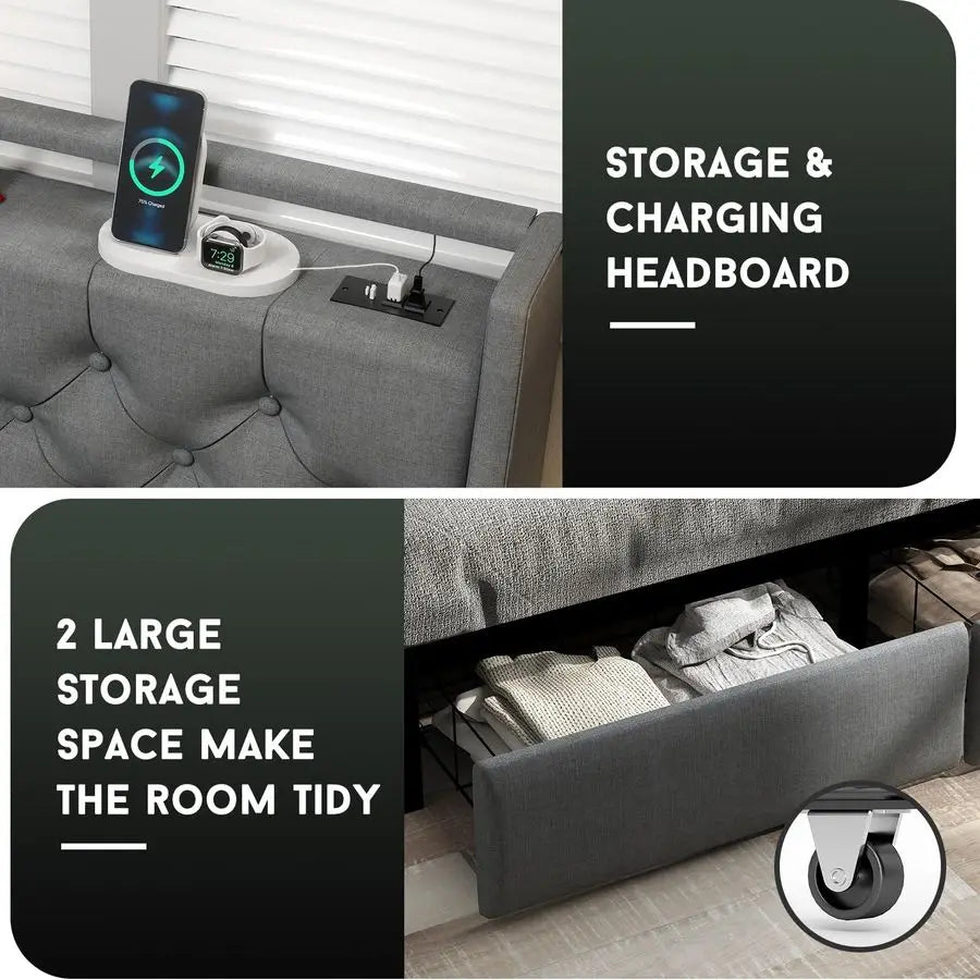 Size Bed Frame with Charging Station and Headboard, Upholstered Button Tufted Platform Queen Bed with 2 Storage Drawers and LED