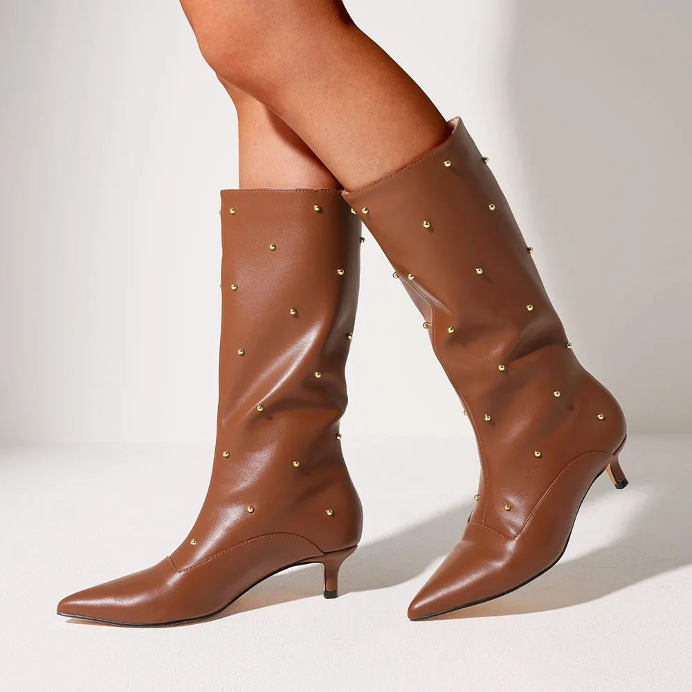 Fashion Women Mid Calf Boots Point Toe Kitten Med Heels Rivet Metal Decor Women's Wide Calf Boots Trend 2025 Designer Ins Hot Sh
